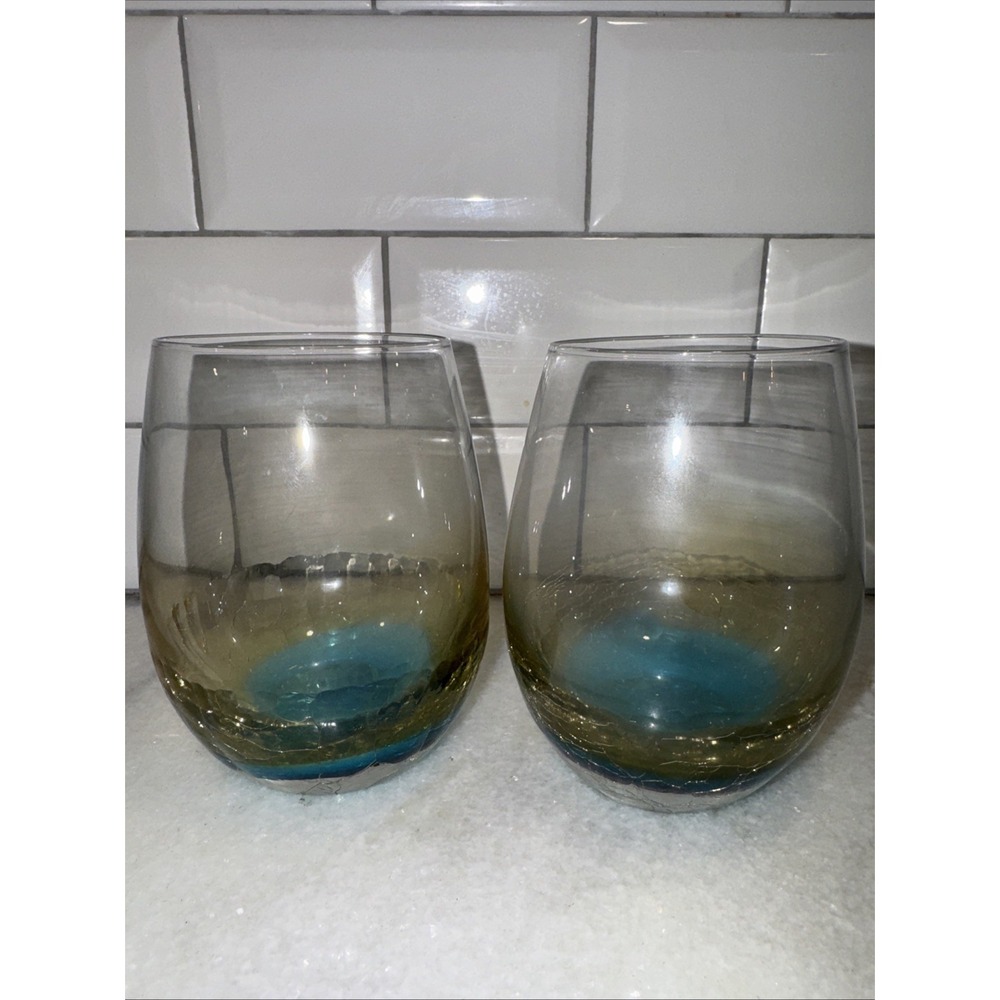 Pair Of Pier 1 HandBlown Blue/gold Hombre‎ Crackle stemless wine GlassRARE GW992